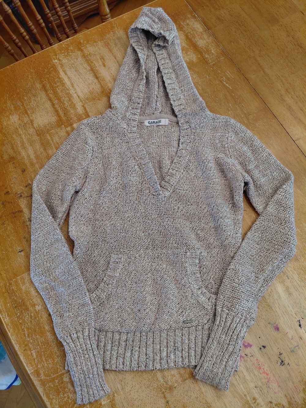 Garage Women's Hooded V-Neck Sweater in Taupe Heather